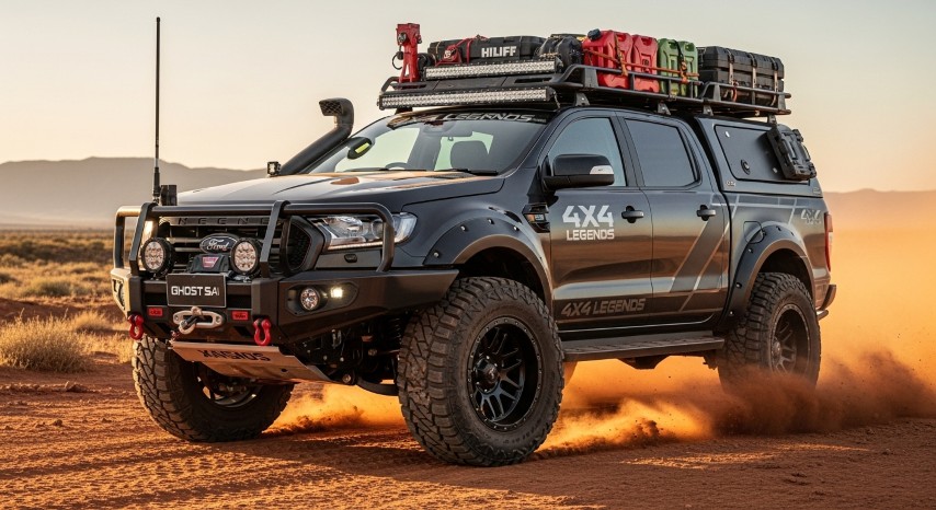 A black Ford Ranger with 4x4 Legends branding and extensive off-road modifications, creating a dust cloud at dusk.