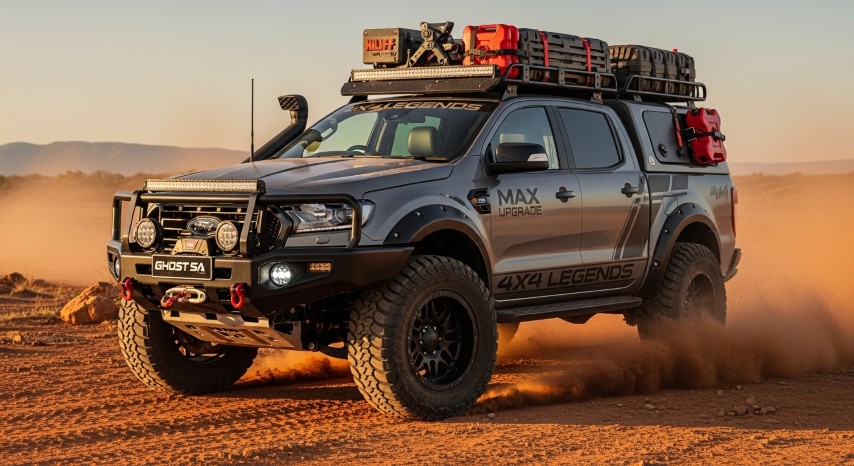 A fully kitted-out grey Ford Ranger with 4x4 Legends branding kicking up dust on an off-road trail at sunset.