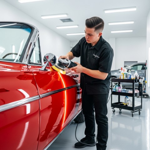 A professional auto detailer polishing the side of a classic red convertible, showcasing the Revive Signature Detail service.