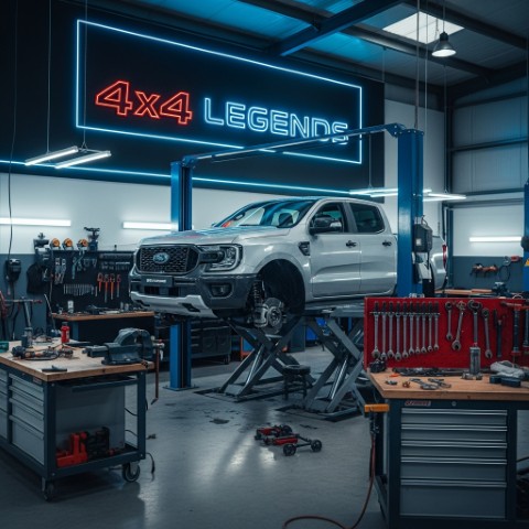 The 4x4 Legends workshop with a white Ford Ranger on a vehicle lift, surrounded by professional tools.
