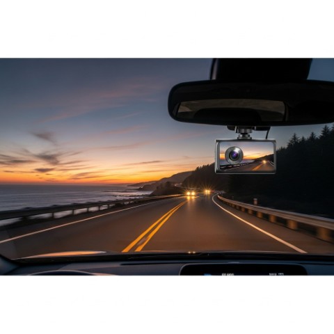View from inside a car at sunset, with a GuardianEye 4K Dash Cam mounted on the windshield recording the road ahead.